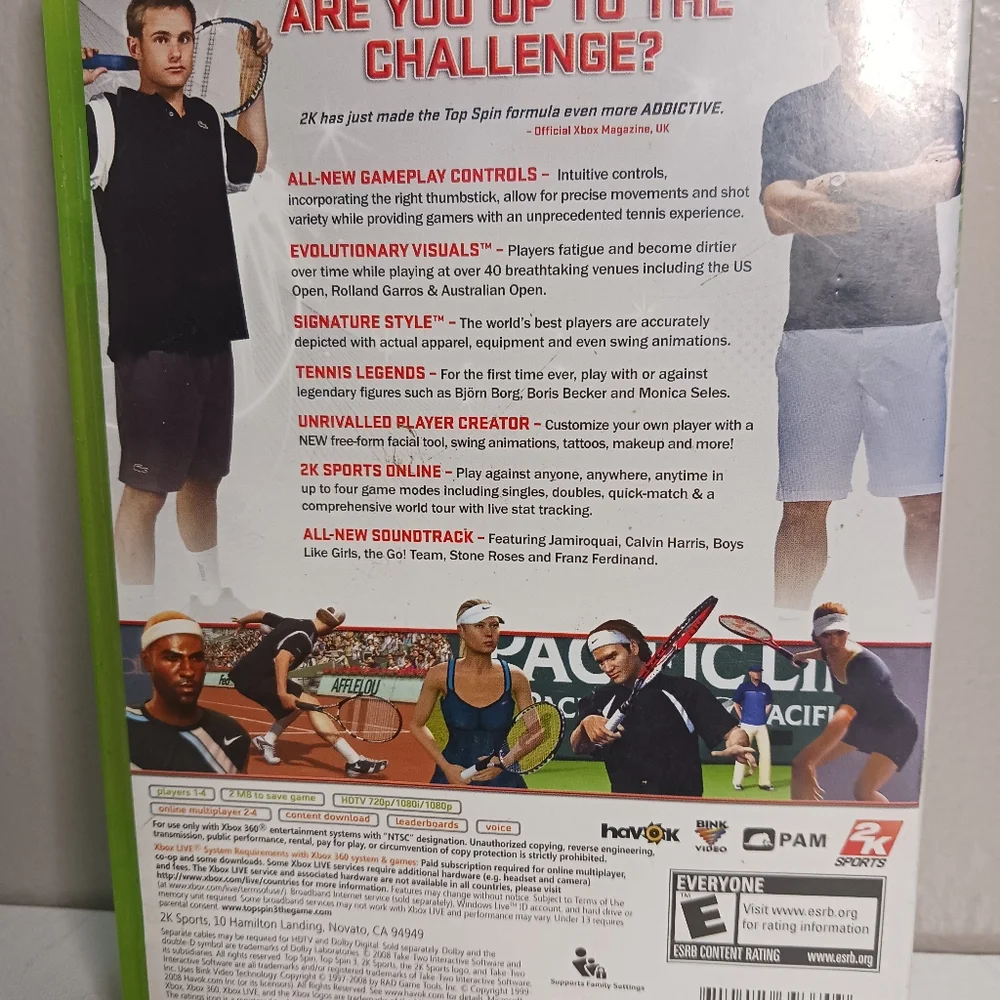 Xbox 360 2K sports Top Spin 3, rated E for everyone, Microsoft